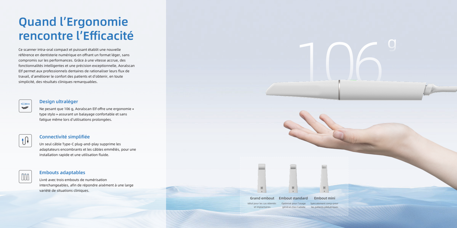 Aoralscan Elf 106 grammes — design ultraléger avec trois embouts de numérisation interchangeables