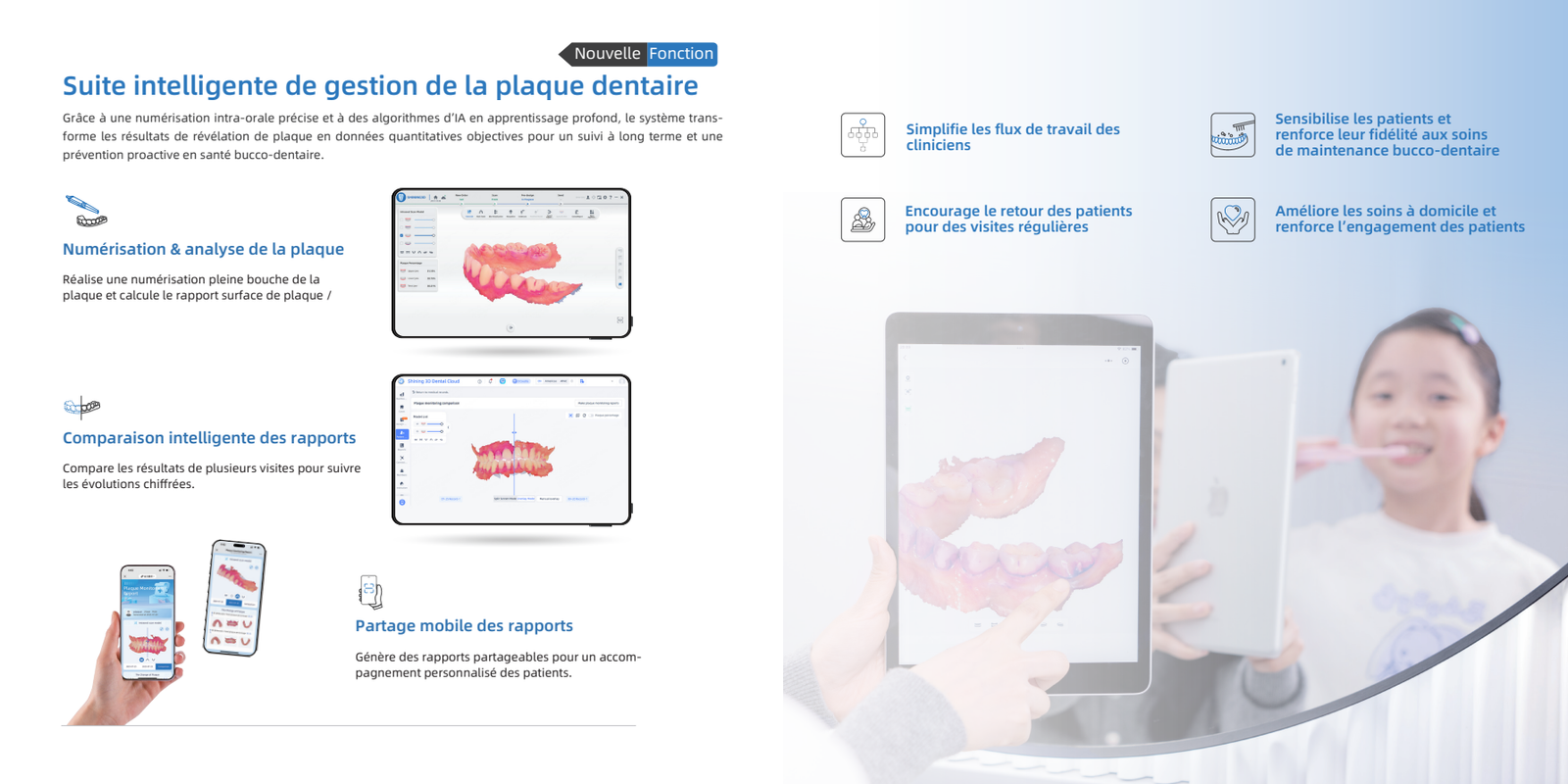 Suite de gestion de la plaque dentaire Aoralscan Elf — analyse IA, comparaison entre visites et partage mobile