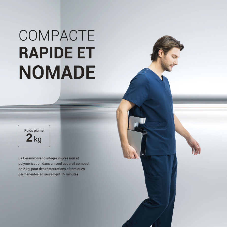 Praticien transportant la Ceramix-Nano sous le bras — imprimante céramique nomade de 2 kg